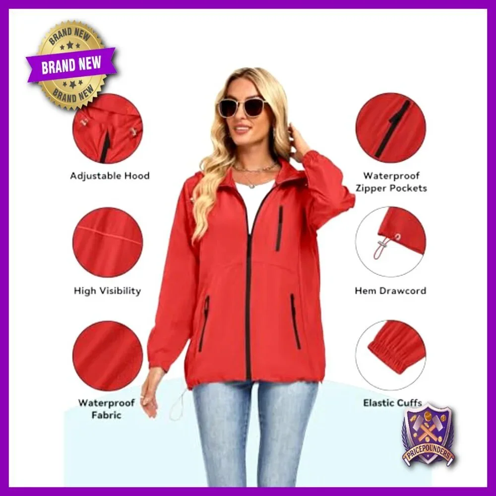Lightweight Packable Rain Jacket Waterproof Windbreaker Hood Casual Chic